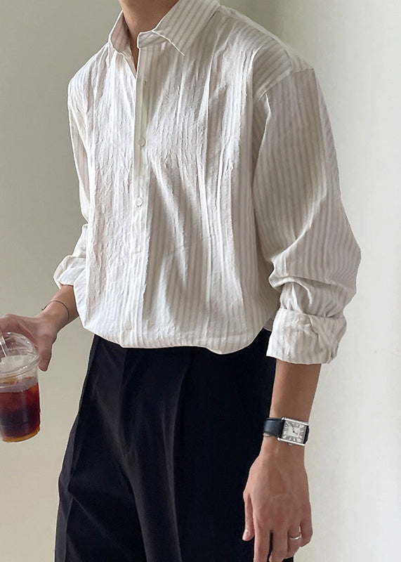 Men's Cotton Shirt White Striped Peter Pan Collar - OutfitLondon