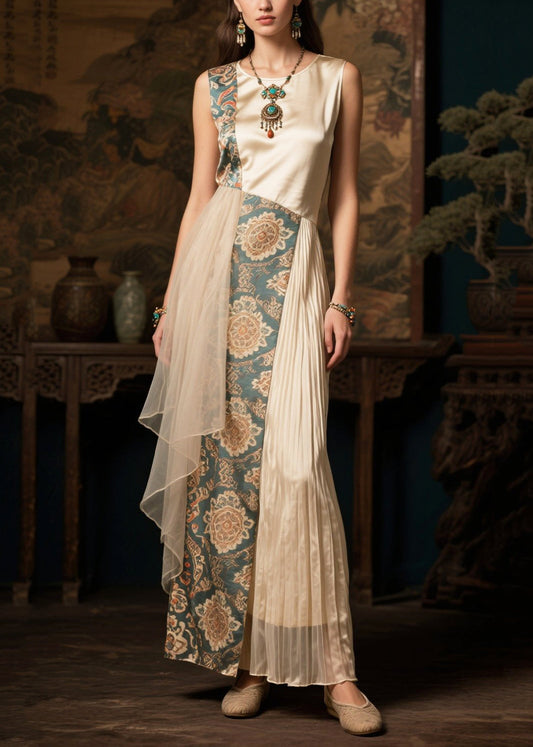 Women's Silk Blend Vacation Dress Asymmetric Patchwork Beige - OutfitLondon
