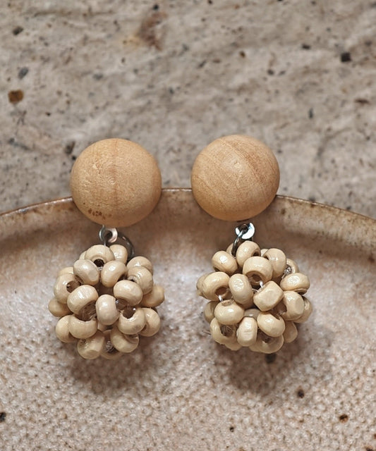 Women's Sterling Silver Wooden Dangle Earrings Beige - OutfitLondon