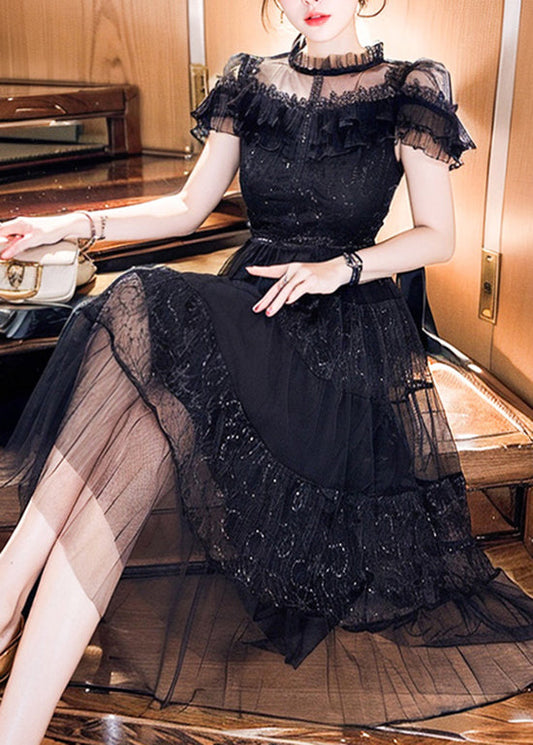 Women's Black Embroidered Tulle Dress With Ruffles - OutfitLondon