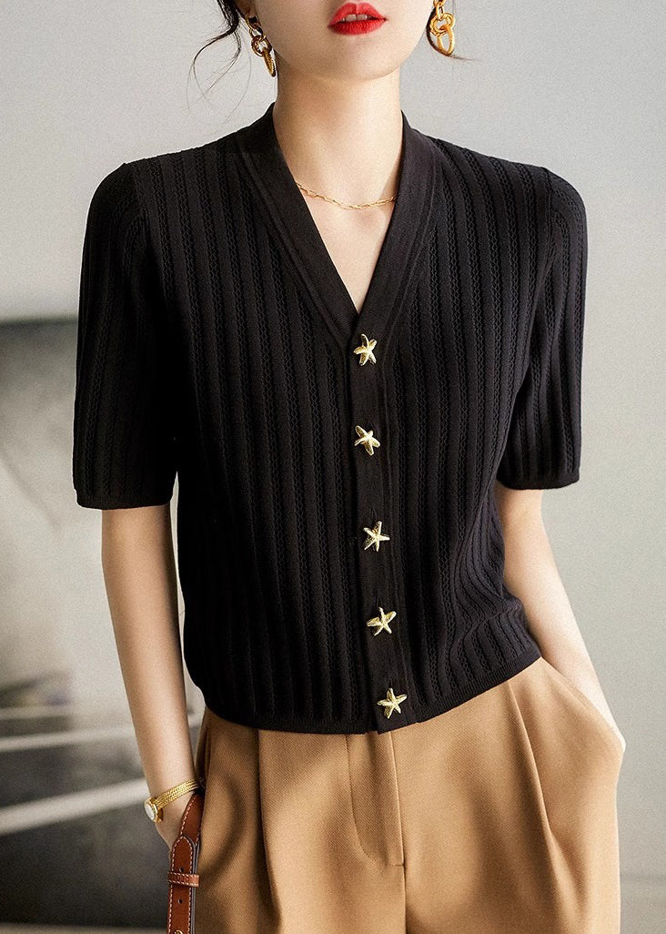 Women's V Neck Knit Black Breathable - OutfitLondon