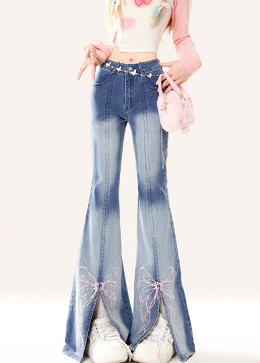 Women's Patchwork Flare Jeans Blue Embroidered Denim - OutfitLondon