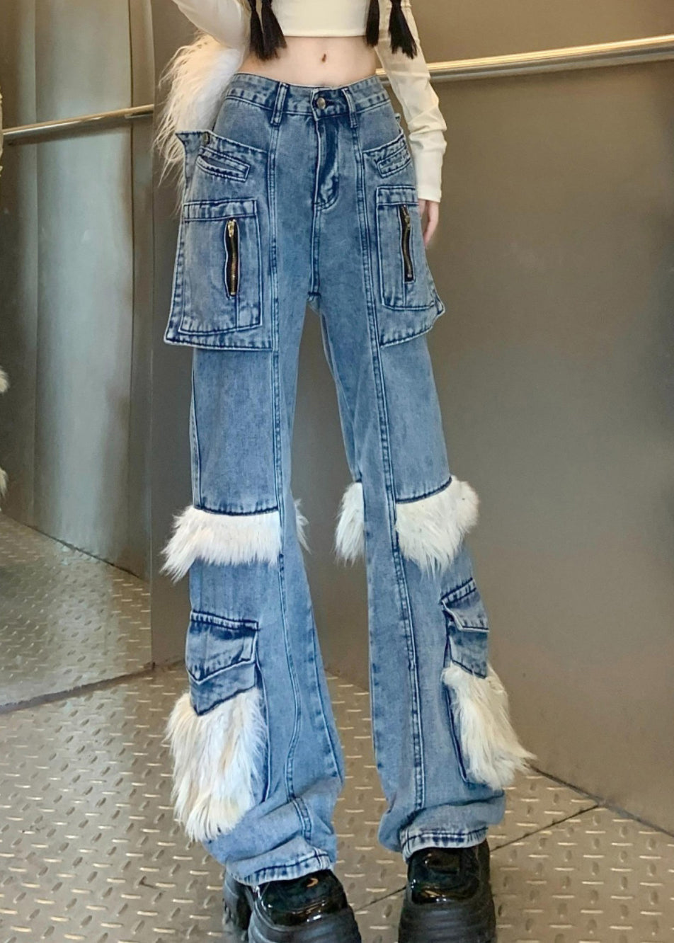 Women's Flared Denim Jeans Blue Plush Fur Trim - OutfitLondon