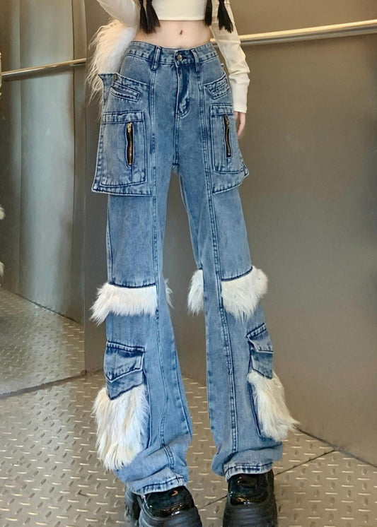 Women's Flared Denim Jeans Blue Plush Fur Trim - OutfitLondon