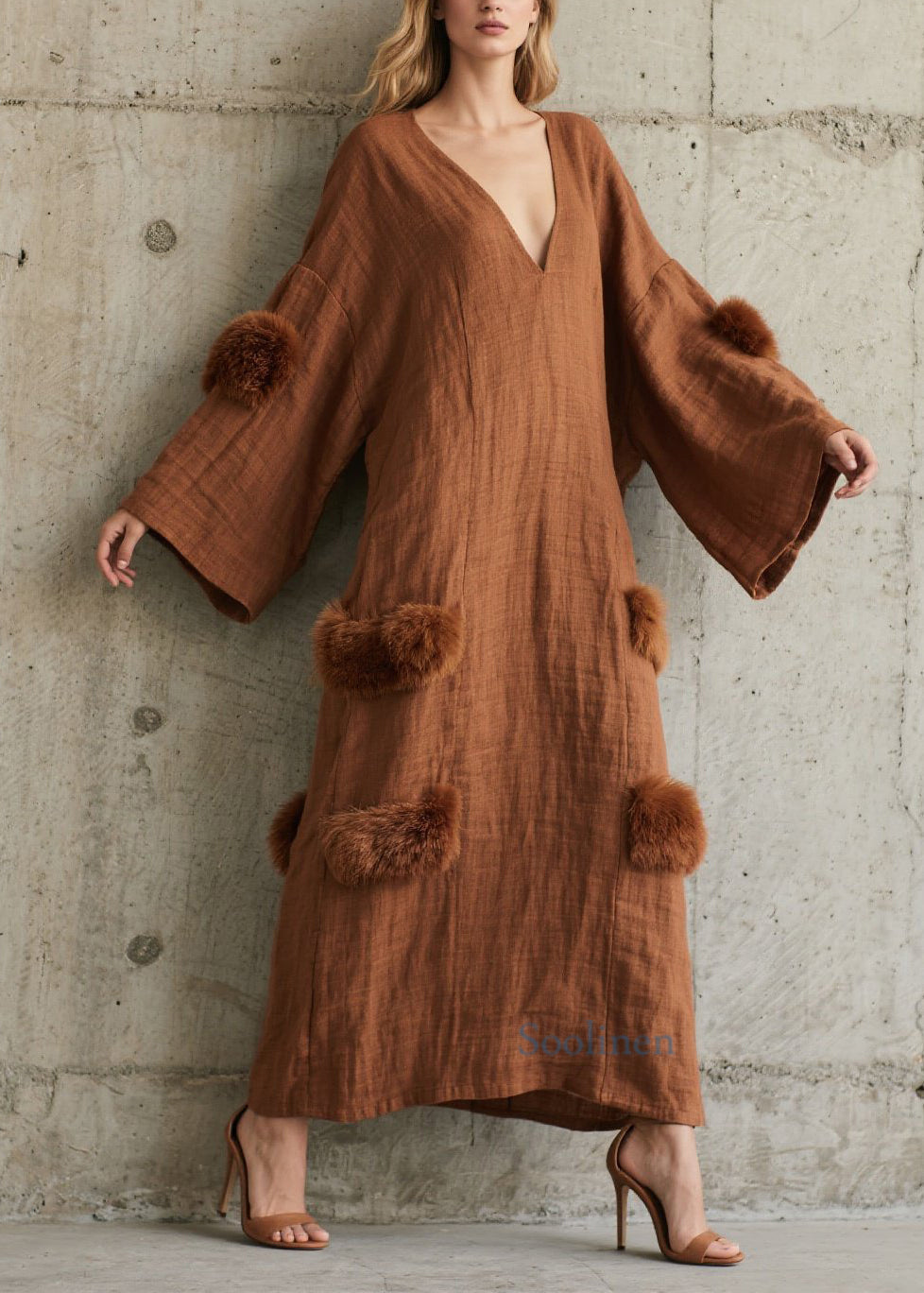 Women's Cotton Robe V Neck Plush Fur Trim Beige - OutfitLondon