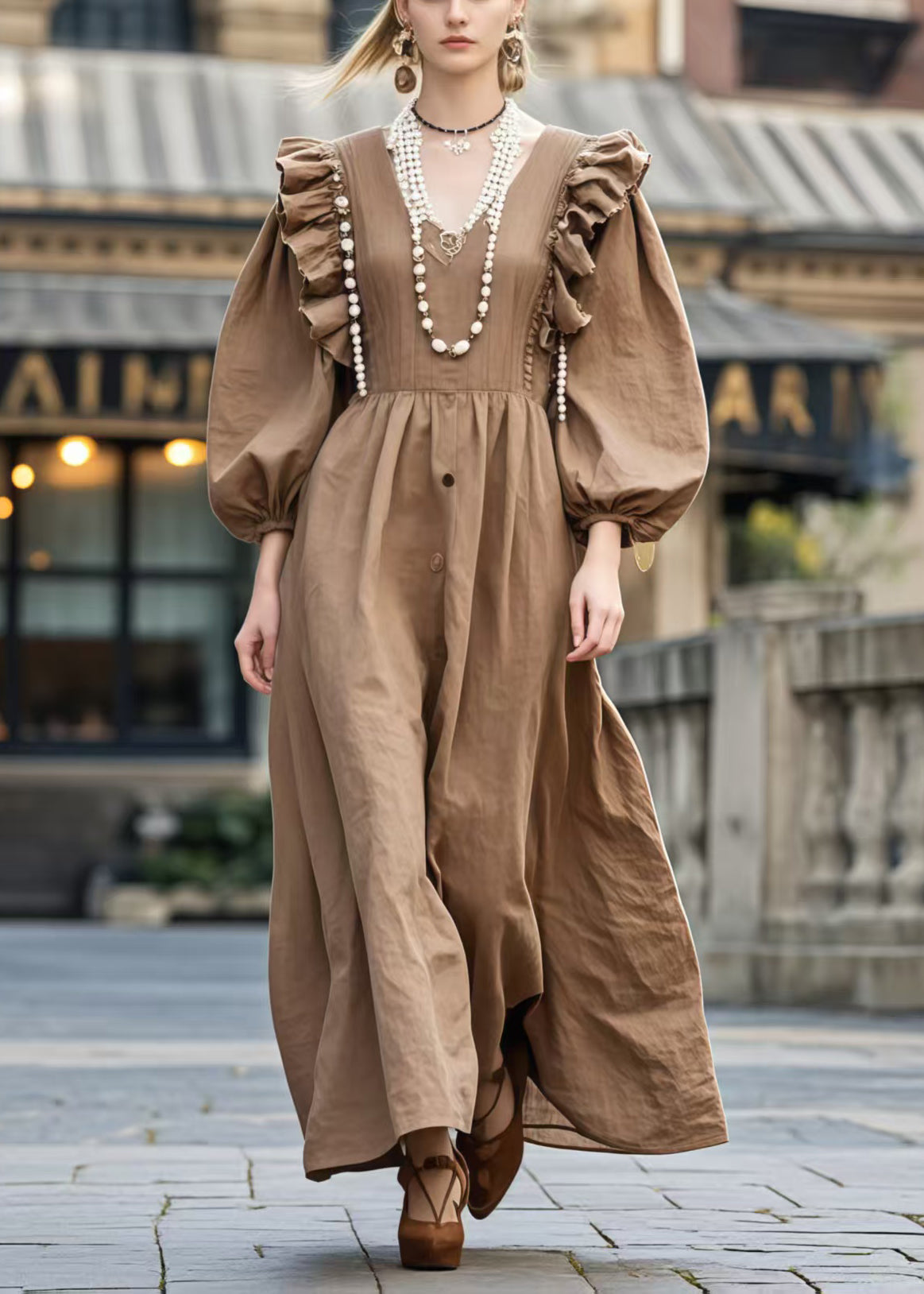 Women's Cotton Blend Vacation Dress Brown Ruffles V Neck - OutfitLondon