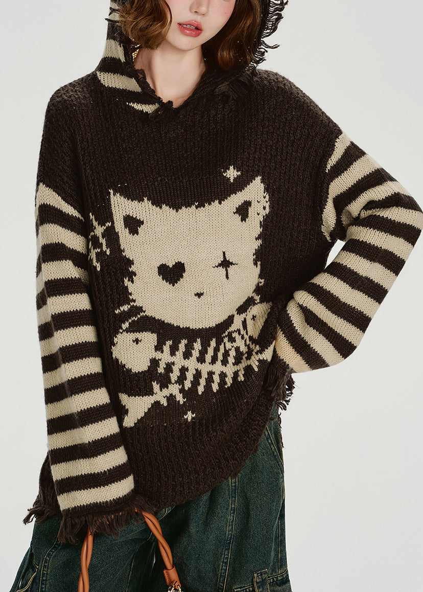 Women's Oversized Knit Hoodie Pom Poms Warm Winter Beige - OutfitLondon