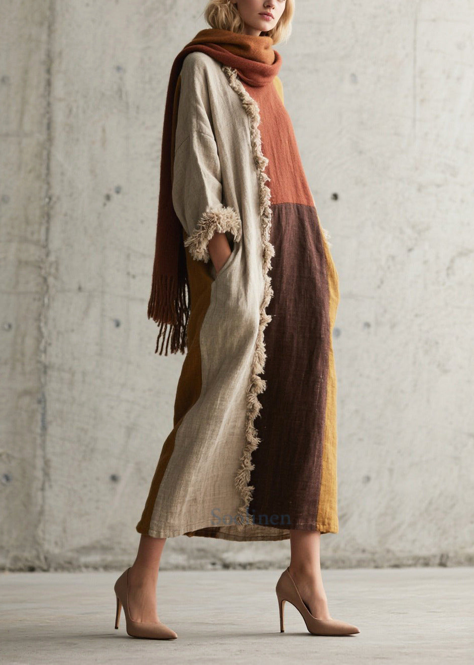 Women's Faux Fur Colorblock Long Dress Oversized Cozy - OutfitLondon