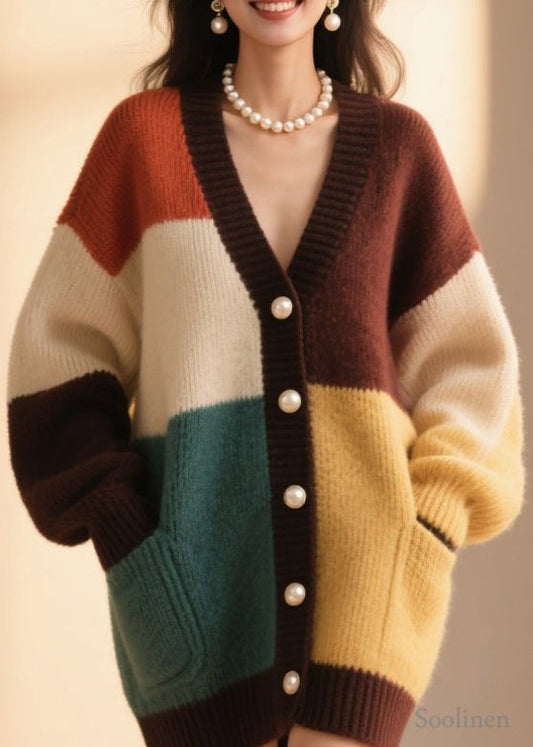 Women's Colorblock Cardigan V Neck Button Front Plus Size - OutfitLondon
