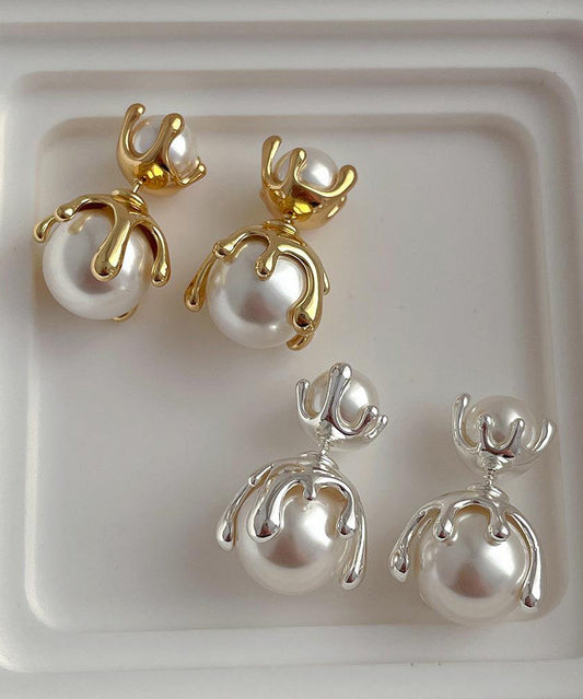 Women's Gold Pearl Stud Earrings Lightweight Post Back - OutfitLondon