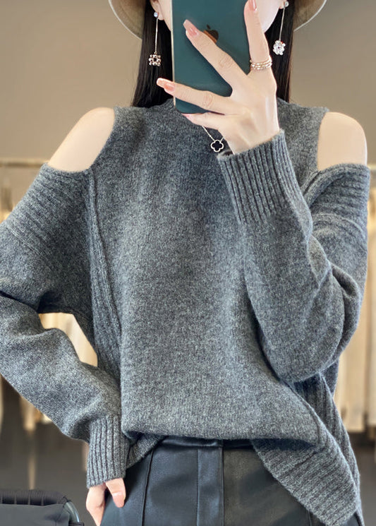 Women's Gray Wool Sweater Off Shoulder Relaxed Fit - OutfitLondon