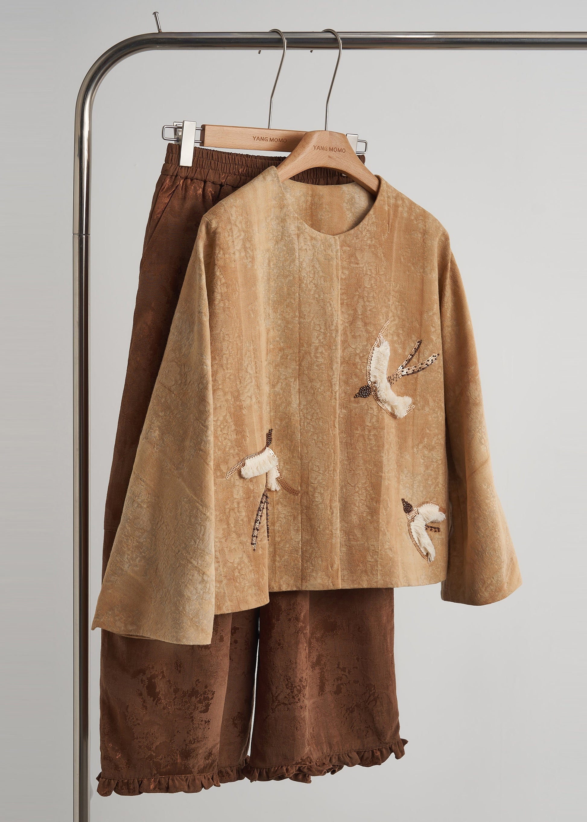 Women's Embroidered Velvet Coat Silk Khaki Relaxed Fit - OutfitLondon