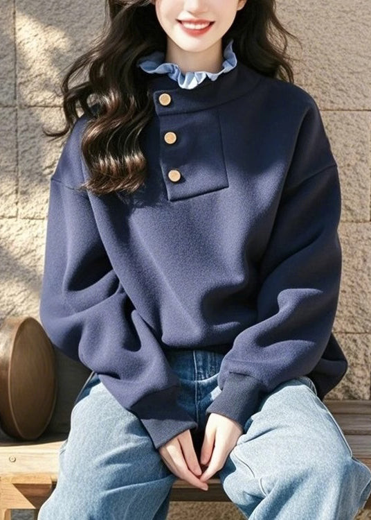 Women's Cotton Patchwork Sweatshirt Navy Blue Ruffles - OutfitLondon