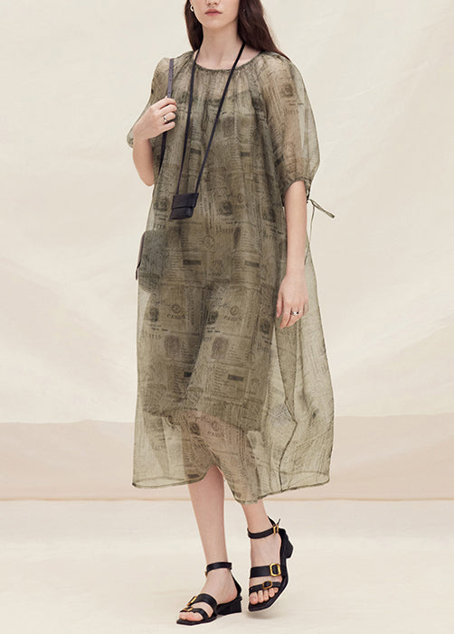 Women's Plus Size Silk Summer Dress Round Neck Lace Up Detail - OutfitLondon