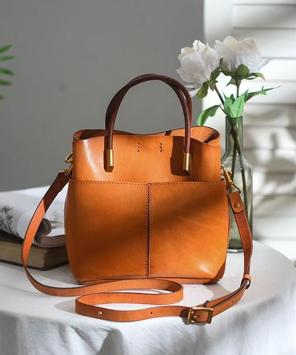 Women's Leather Tote Bag Orange Zip Closure - OutfitLondon