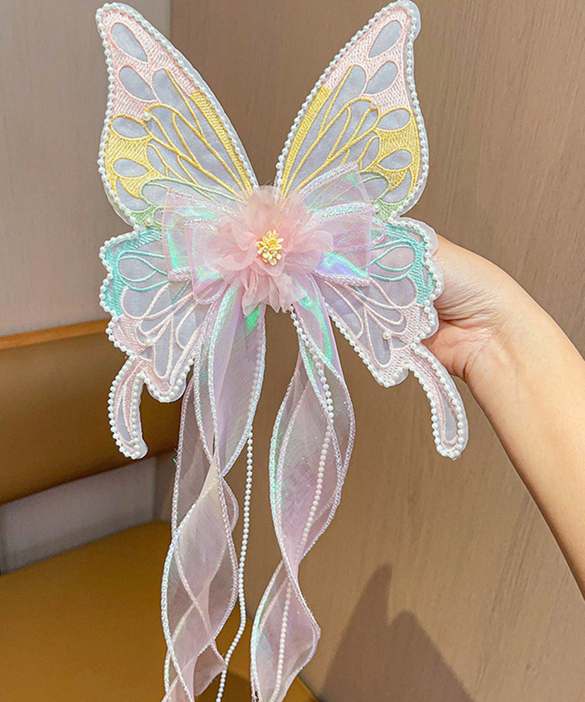 Girls Hairpin Pink Pearl Alloy Butterfly Ribbon - OutfitLondon