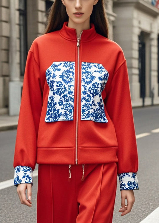 Women's Cotton Patchwork Jacket Red Stand Collar - OutfitLondon
