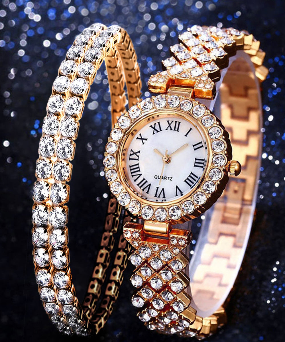 Women's Rose Gold Stainless Steel Watch And Bracelet Set With Zircon - OutfitLondon