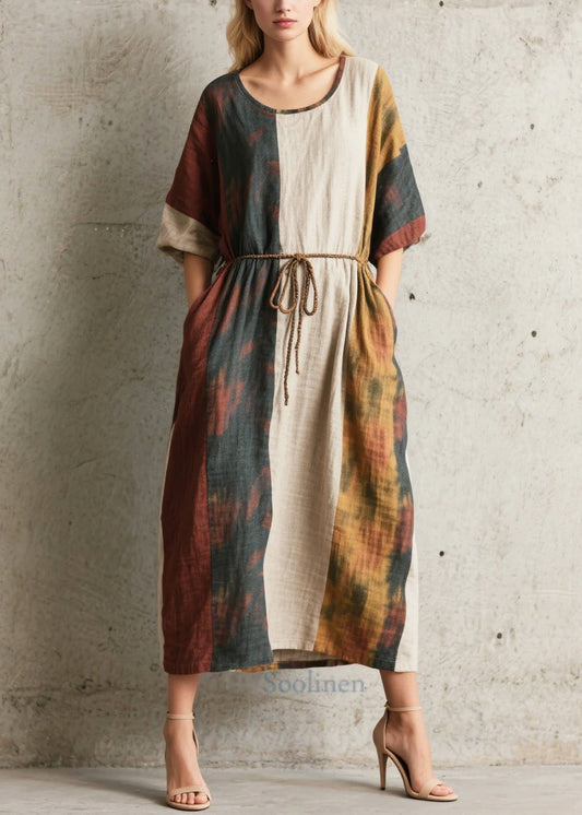 Women's Cotton Midi Dress Patchwork Breathable Waist Tie Casual - OutfitLondon