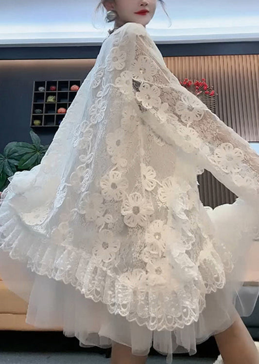 Elegant White Lace Dress With Tulle Floral Patchwork - OutfitLondon