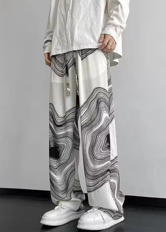 Mens Oversized Cotton Pants White Printed Wide Leg Breathable - OutfitLondon