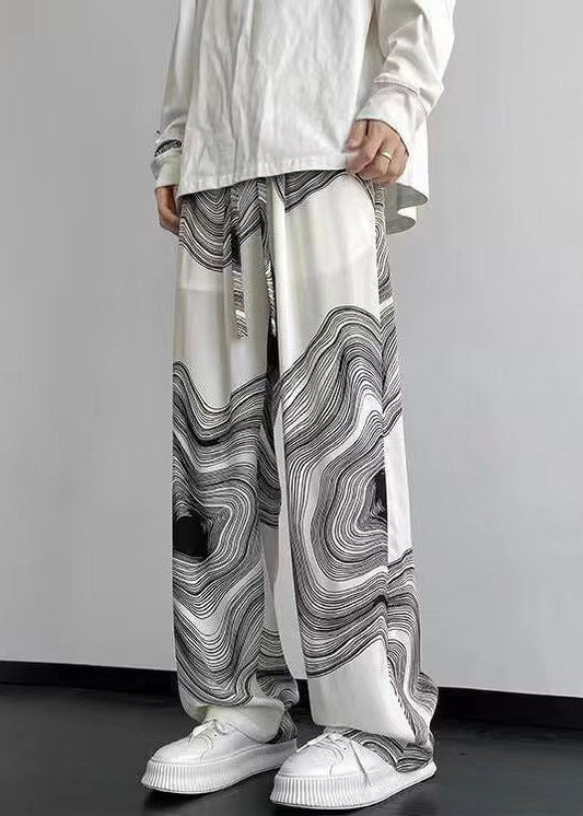 Mens Oversized Cotton Pants White Printed Wide Leg Breathable - OutfitLondon