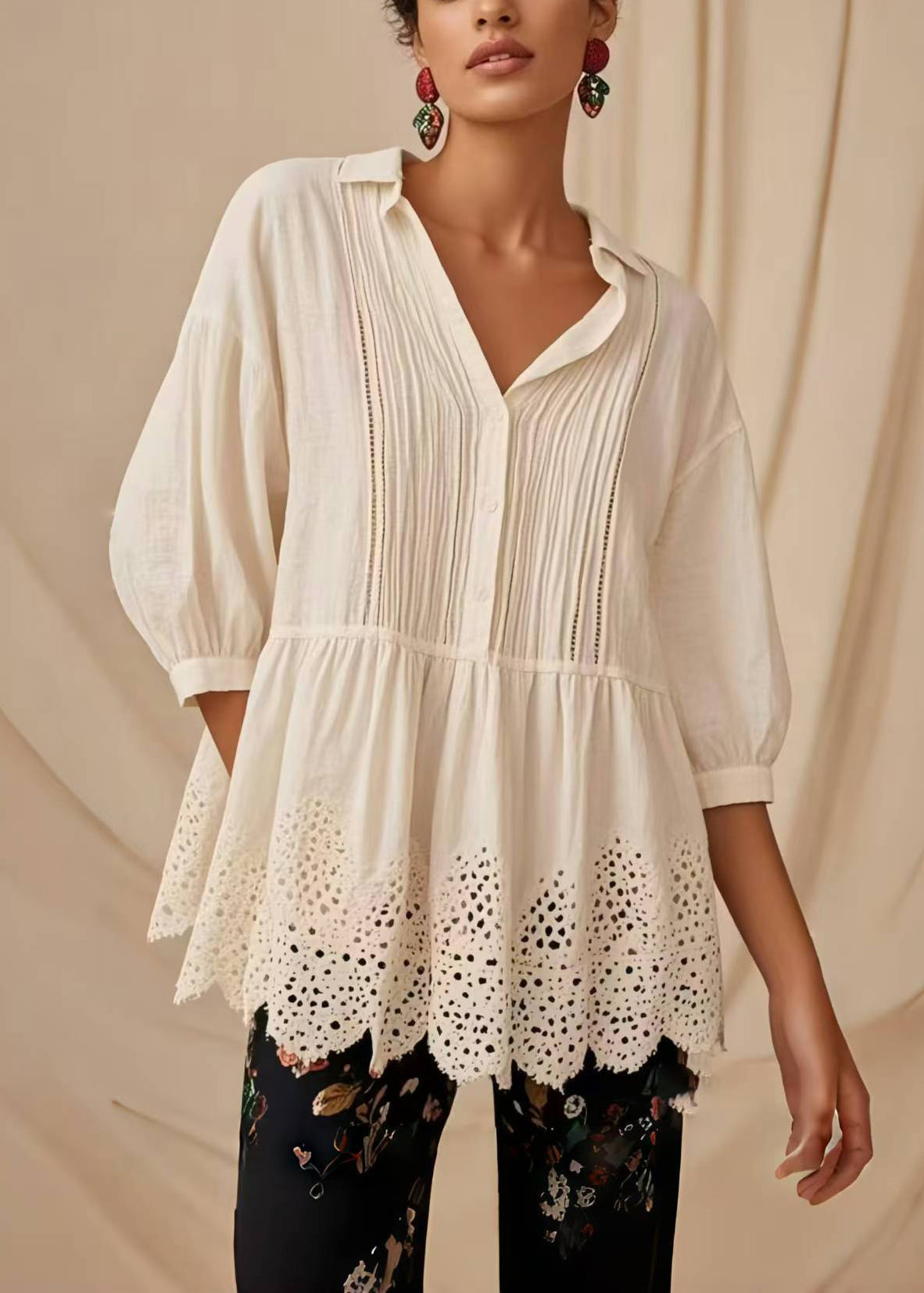 Women's Cotton Blend Blouse White Mid Sleeve - OutfitLondon