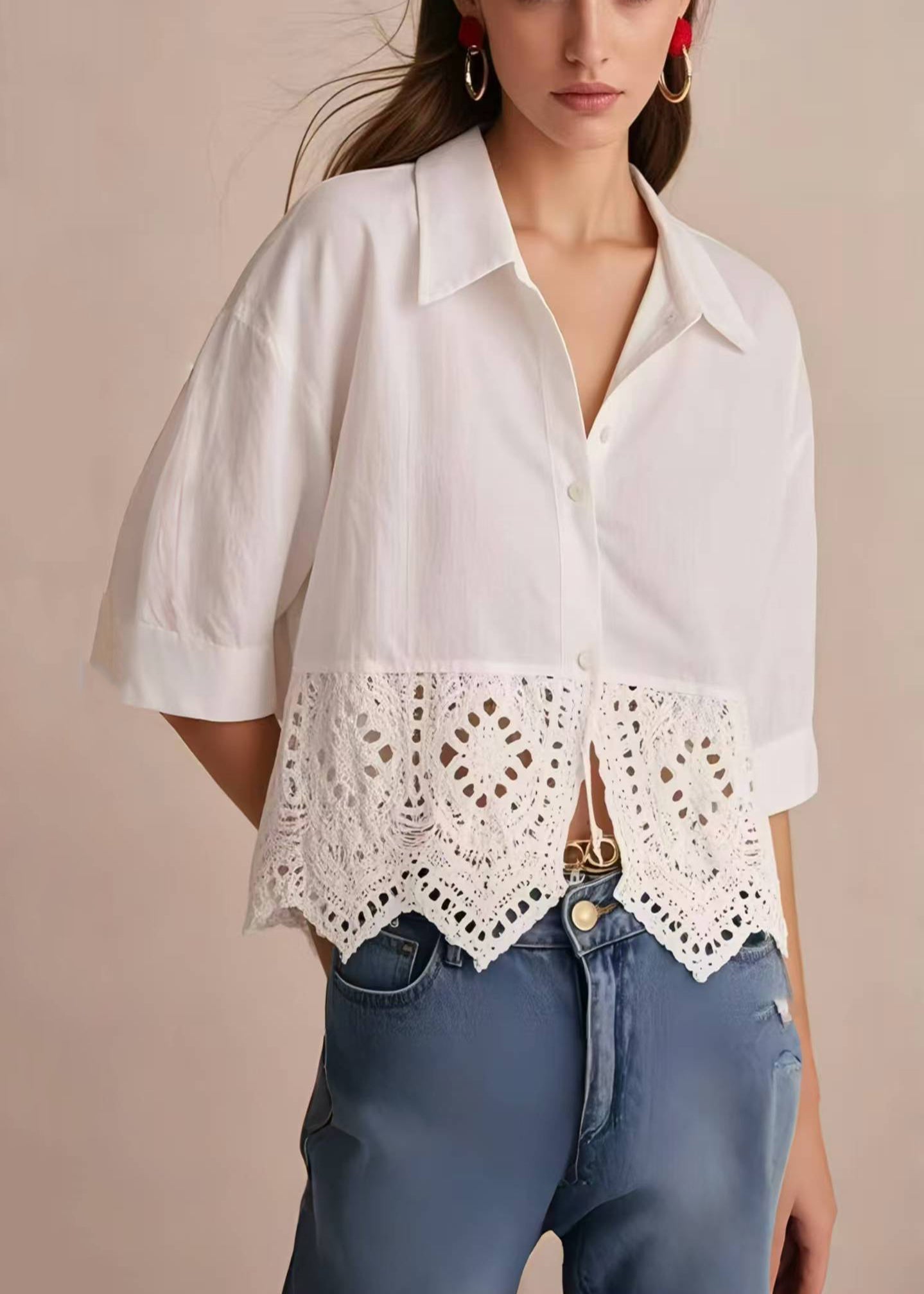 Women's Lace Blouse Peter Pan Collar Three Quarter Sleeves White - OutfitLondon