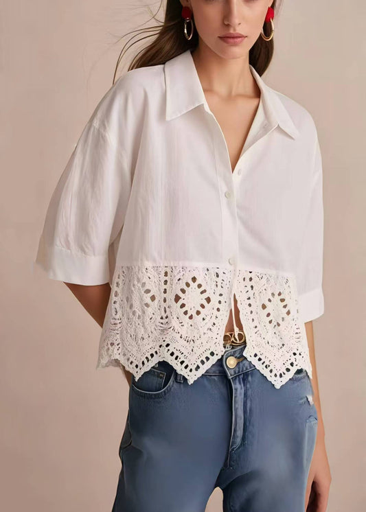 Women's Lace Blouse Peter Pan Collar Three Quarter Sleeves White - OutfitLondon