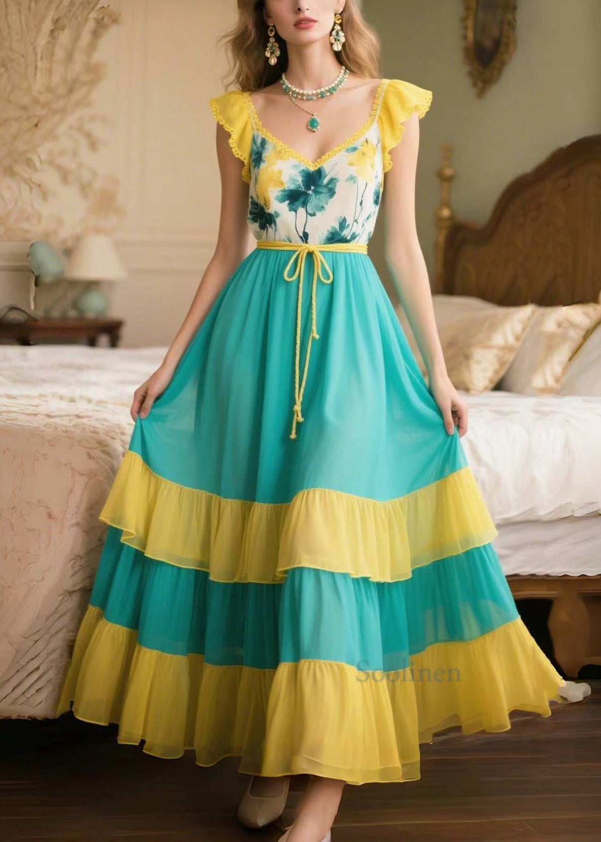 Women's Silk Chiffon Patchwork Dress Lightweight Yellow - OutfitLondon