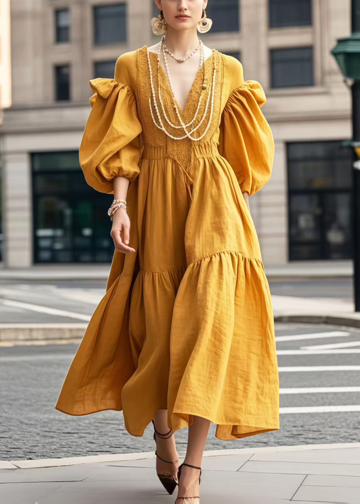 Women's Yellow V-Neck Dress Lantern Sleeves - OutfitLondon