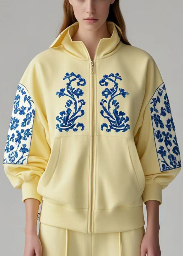 Women's Cotton Patchwork Coat Yellow Zipper Lightweight - OutfitLondon
