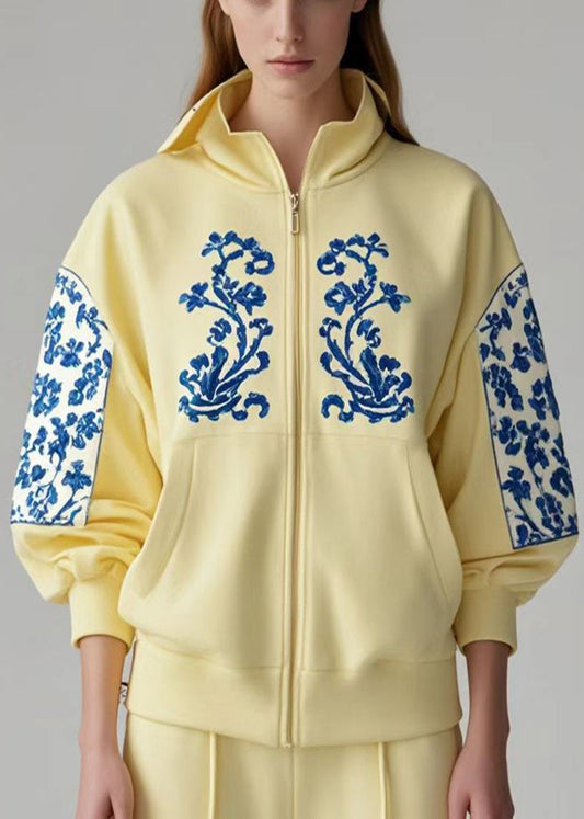 Women's Cotton Patchwork Coat Yellow Zipper Lightweight - OutfitLondon
