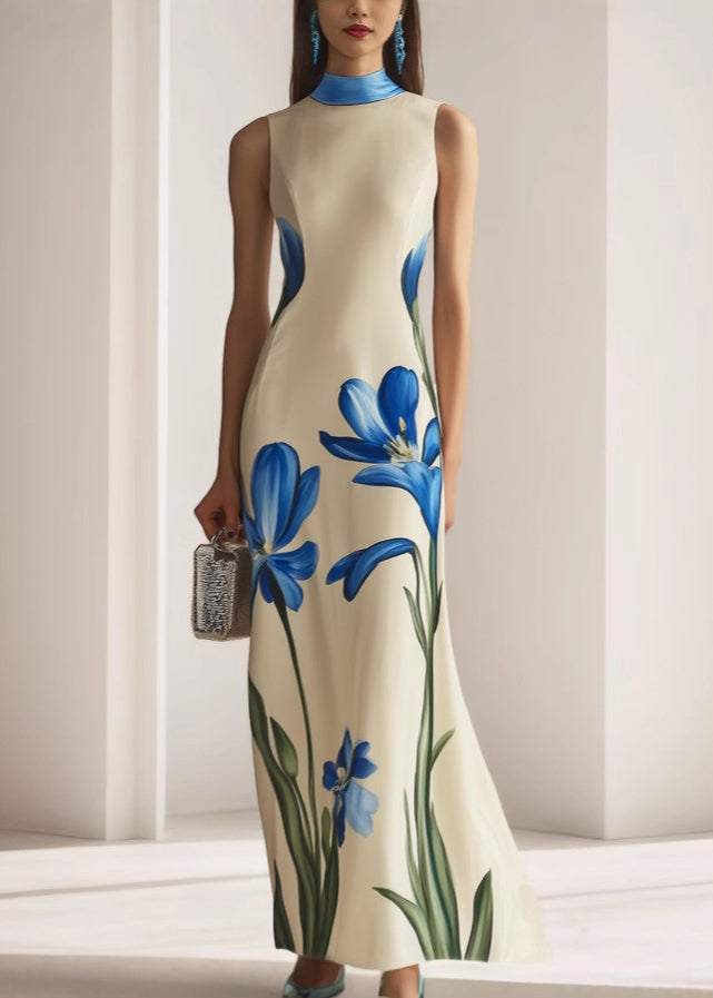 Women's Sleeveless Maxi Dress Apricot Print High Neck - OutfitLondon