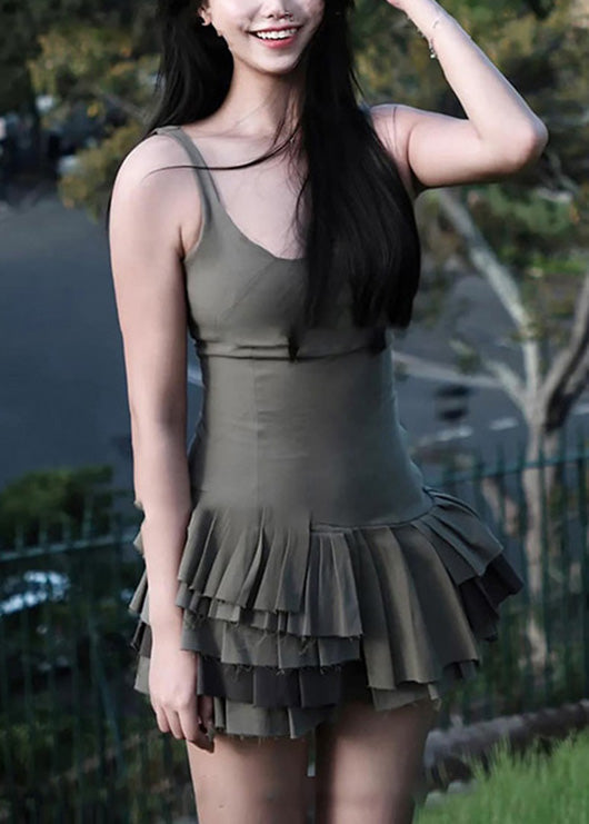 Women's Cotton Patchwork Dress Spaghetti Straps Army Green - OutfitLondon