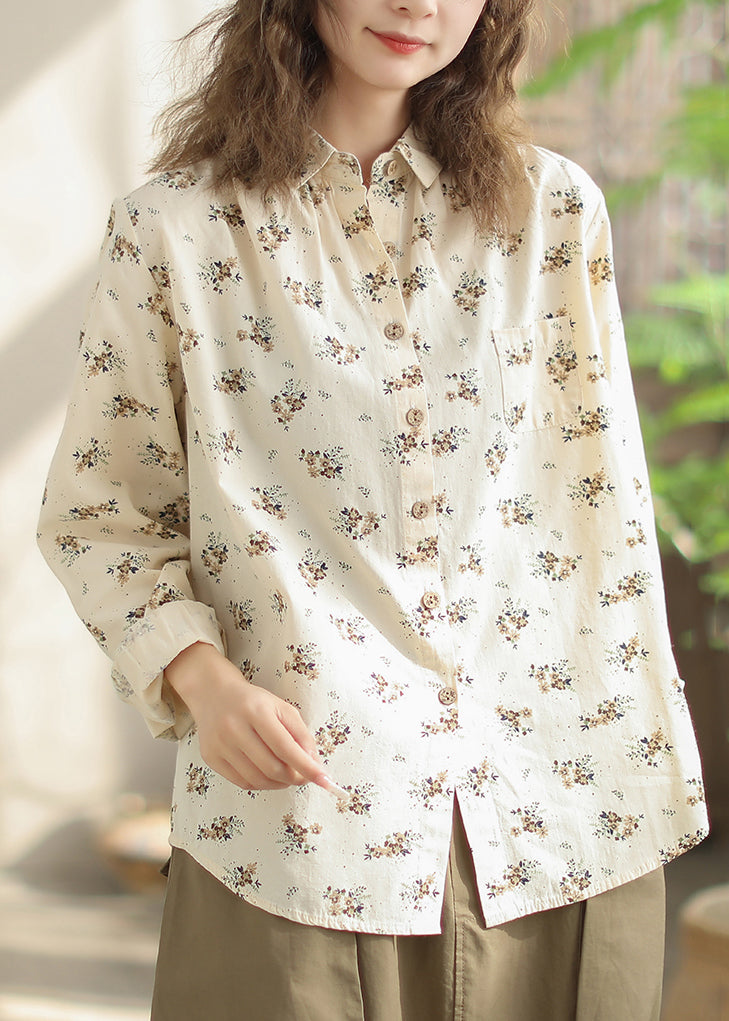 Women's Cotton Blouse Peter Pan Collar Beige - OutfitLondon