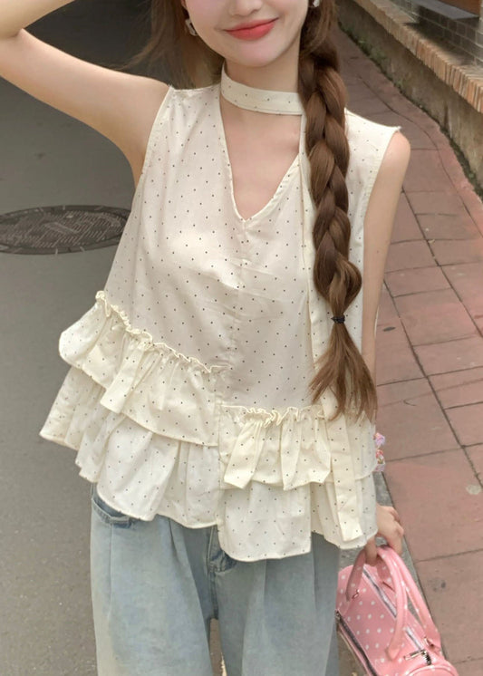 Women's Beige Cotton Tank Ruffle Print Breathable - OutfitLondon