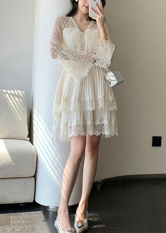 Women's Silk Chiffon V Neck Dress Beige - OutfitLondon