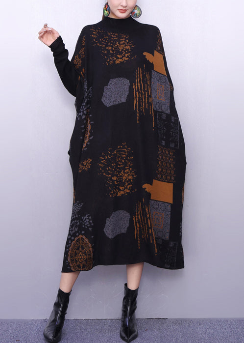 Women's Oversized Knit Dress Black Patchwork Warm - OutfitLondon