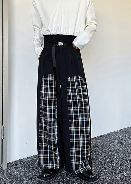 Mens Cotton Patchwork Pants Black Plaid Comfort Fit - OutfitLondon