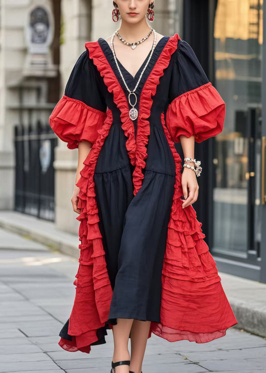 Women's Patchwork Cotton Maxi Dress Ruffles Puff Sleeves - OutfitLondon