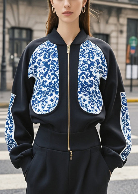 Women's Cotton Sweatshirt Jacket Floral Navy Blue - OutfitLondon