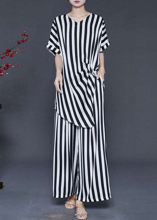 Women's Silk Two Piece Set Striped Asymmetric Summer Resort Wear - OutfitLondon