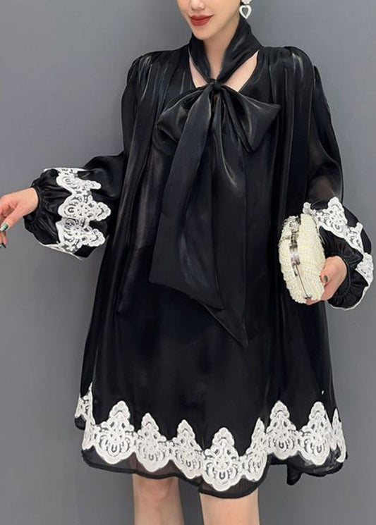 Women's Black Printed Tulle Midi Dress With U Neck Lantern Sleeves - OutfitLondon