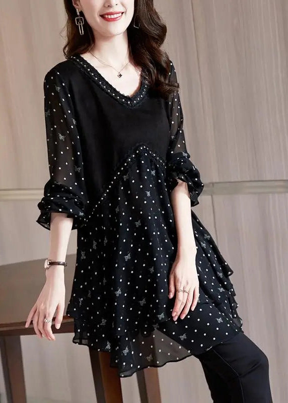 Women's Silk Chiffon Blouse V-Neck Polka Dot Black - OutfitLondon