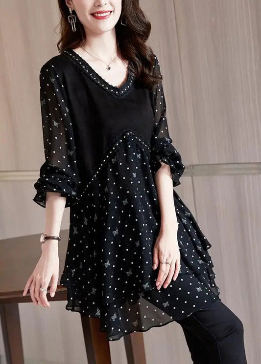 Women's Silk Chiffon Blouse V-Neck Polka Dot Black - OutfitLondon