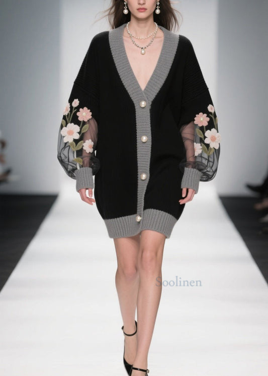 Women's Patchwork Cardigan Knit Black V Neck Plus Size - OutfitLondon