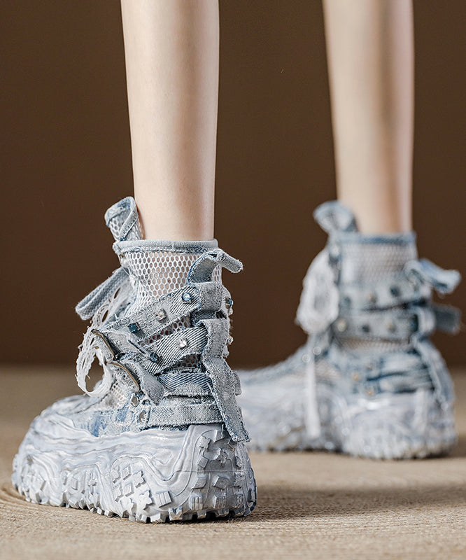 Women's Blue Mesh Boots Breathable Lace Up - OutfitLondon
