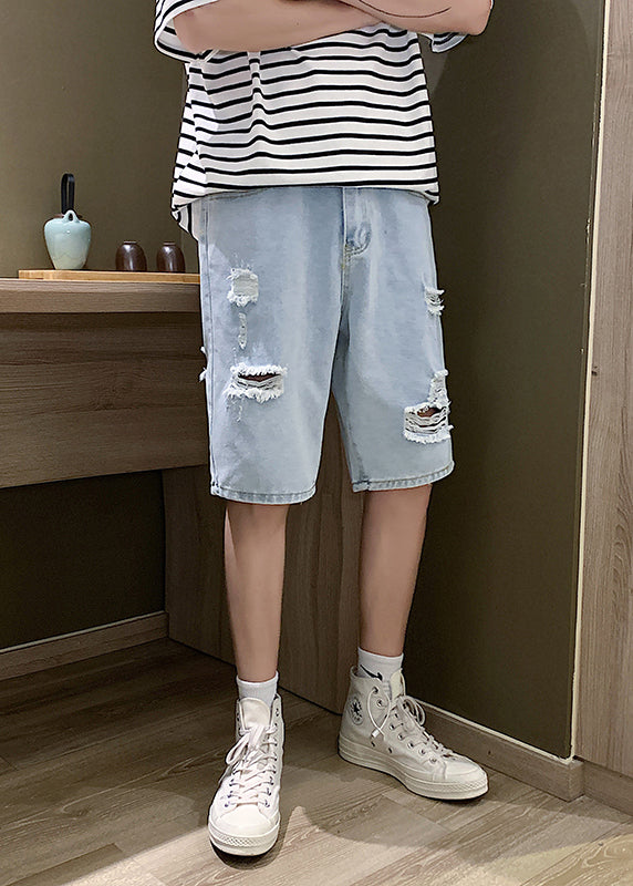 Mens High Waist Light Blue Denim Shorts Distressed Rips - OutfitLondon