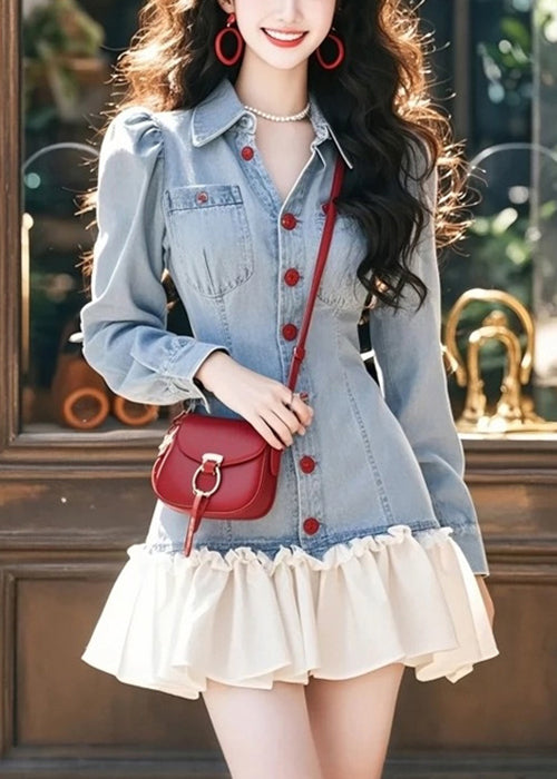 Women's Patchwork Denim Mini Dress Ruffles Peter Pan Collar - OutfitLondon